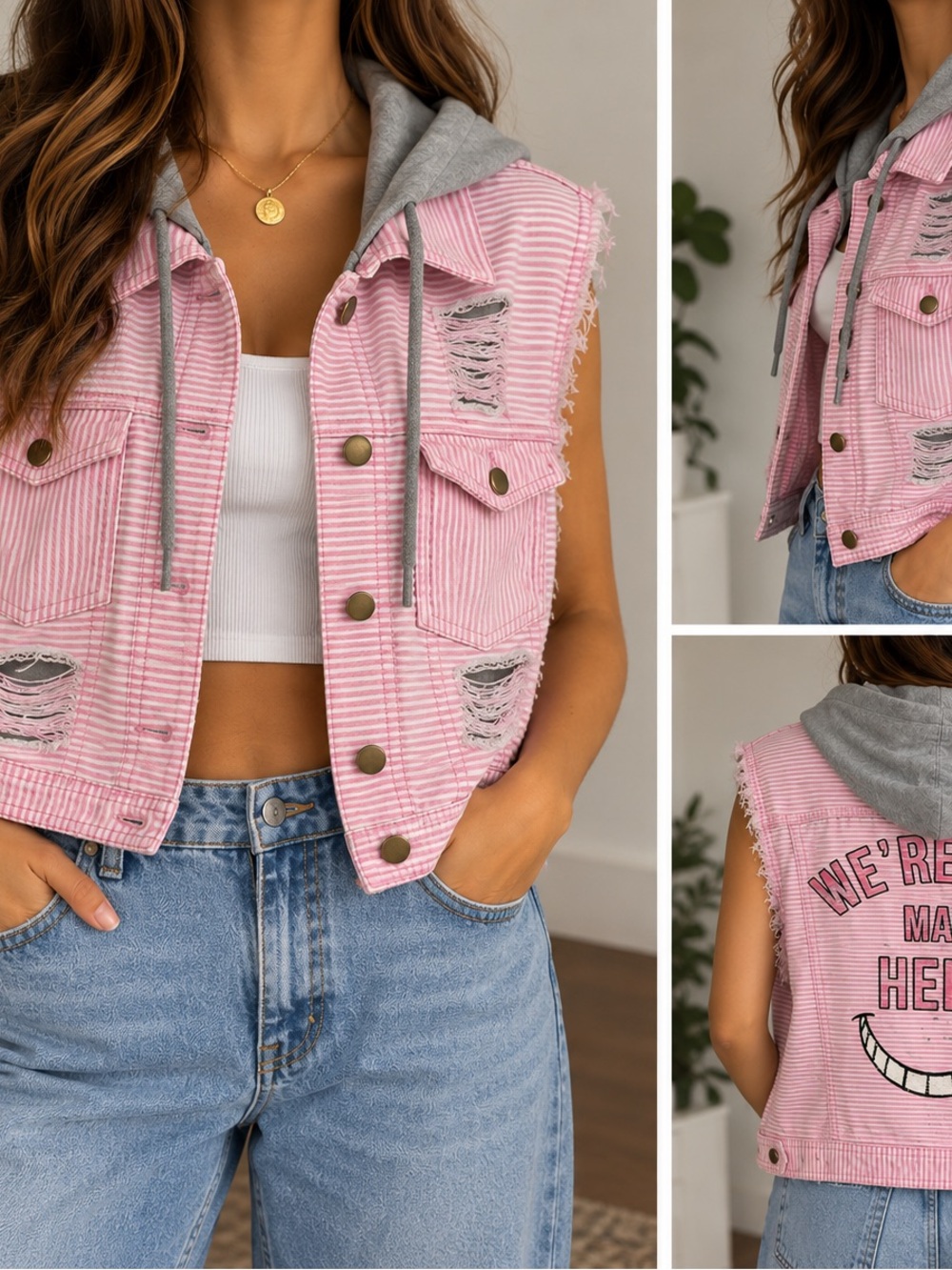 Disney Alice in Wonderland “We’re All Mad Here” Distressed Hooded Vest Size L